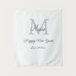 simple minimal happy new year monogram gray name  wandteppich