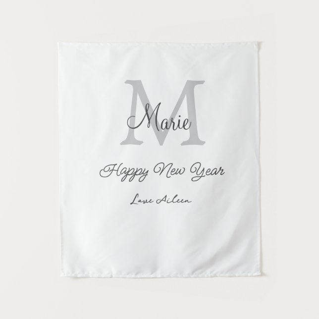 simple minimal happy new year monogram gray name  wandteppich (Vorderseite)