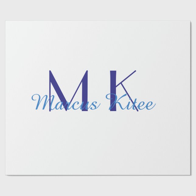 simple minimal monogram personalized name blue ret geschenkpapier (Flach)