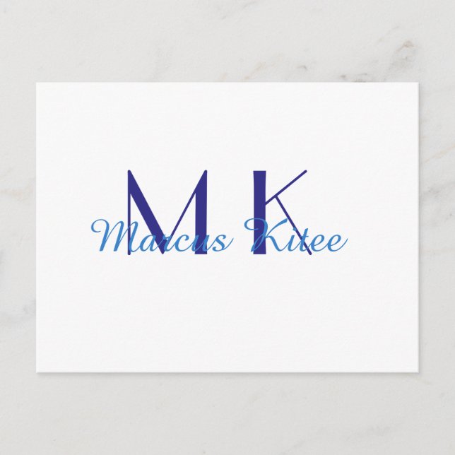 simple minimal monogram personalized name blue ret postkarte (Vorderseite)