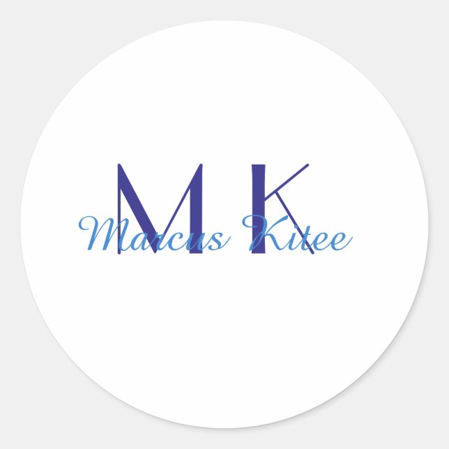 simple minimal monogram personalized name blue ret runder aufkleber (Vorderseite)