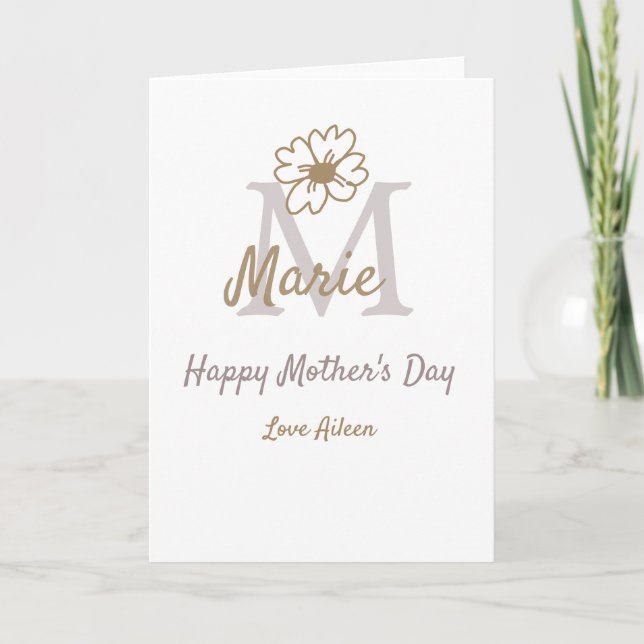 simple minimal mother's day monogram golden gray f karte (Vorderseite)