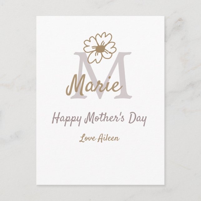 simple minimal mother's day monogram golden gray f postkarte (Vorderseite)