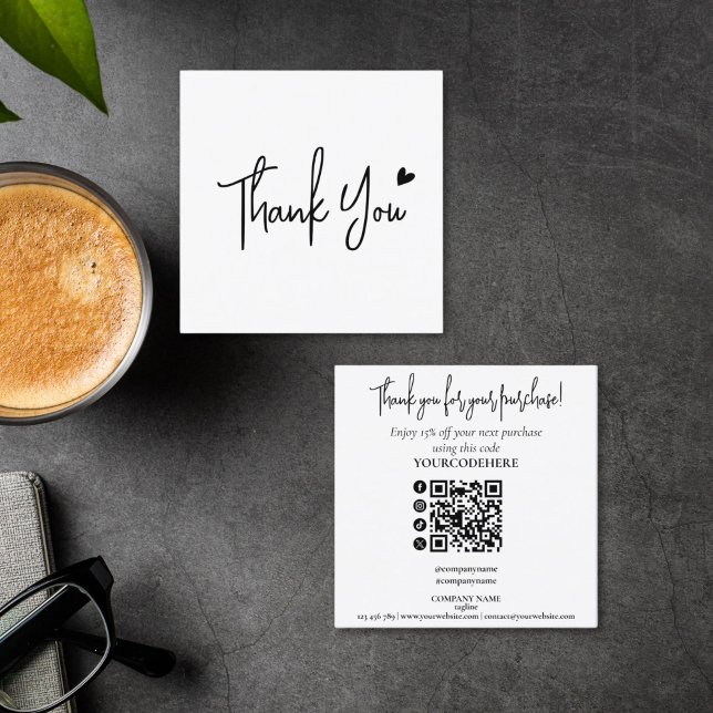 simple minimal script thank you for your order quadratische visitenkarte (minimalist black and white script thank you for your purchase card)