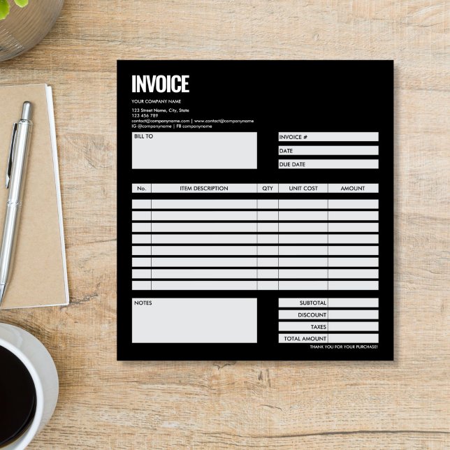 Simple Minimalist Black Invoice Form Business Logo Notizblock (black and white simple minimalist Invoice form notepad)