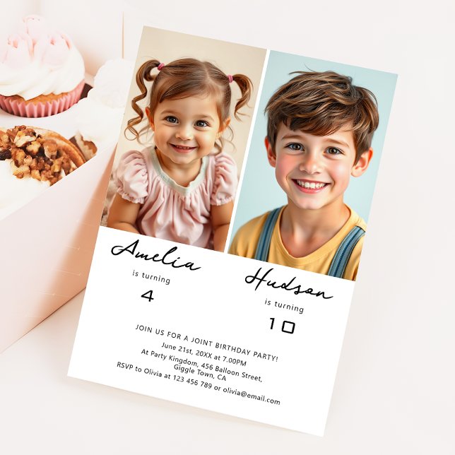 Simple Minimalist Siblings Birthday Party Photo Einladung (Von Creator hochgeladen)