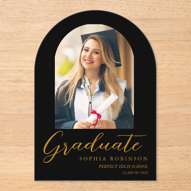 Simple Modern Arch Photo Gold Script Graduation  Acryleinladungen (Vorderseite)