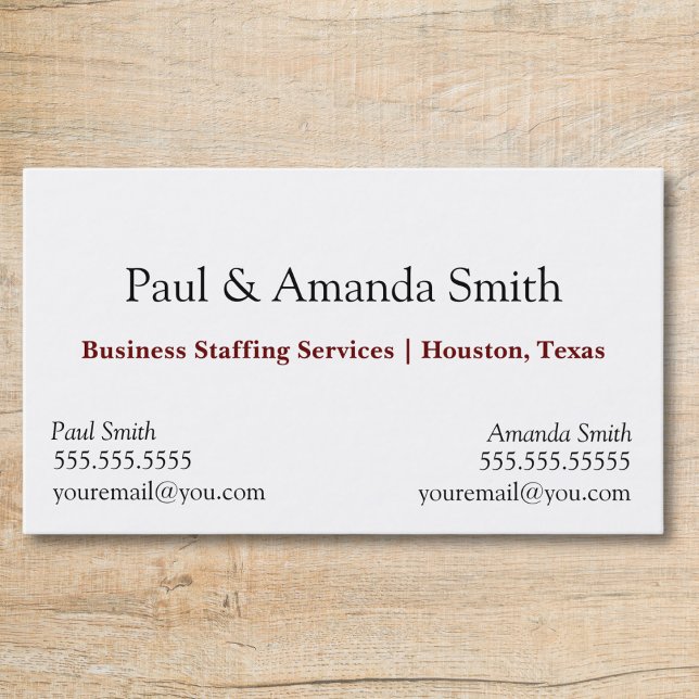 Simple Modern Business Card With 2 Names & Contact Visitenkarte (business card with slot for two names professional black and white with maroon text, two contacts)