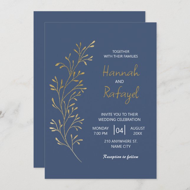 Simple Modern Gold Leaf Blue Wedding Einladung (Vorne/Hinten)