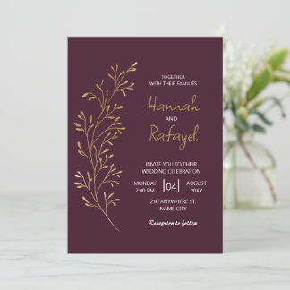 Simple Modern Gold Leaf Burgundy Wedding Einladung