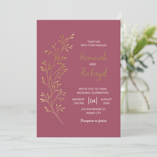 Simple Modern Gold Leaf Rose Wedding Einladung (Stehend Vorderseite)