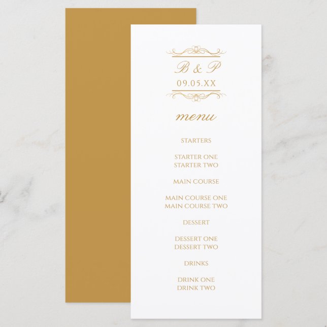 Simple Modern Gold Monogram Wedding Menu Card (Vorne/Hinten)