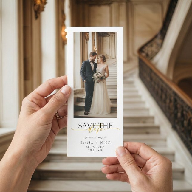 Simple Modern Gold Script Bookmark Photo Wedding Save The Date (Von Creator hochgeladen)