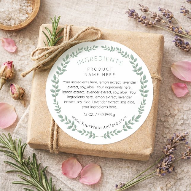 Simple Modern Greenery Wreath Ingredients Label Runder Aufkleber (Simple Modern Greenery Wreath Ingredients Label)