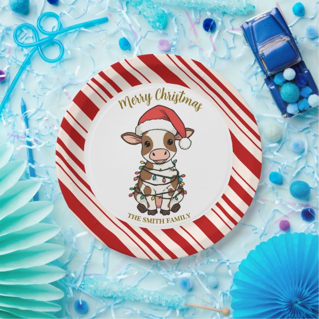 Simple modern merry christmas calf Cow OX pattern Pappteller (Party)