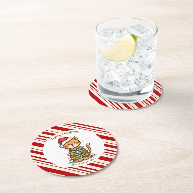 Simple modern merry christmas kitten CatMAS patter Runder Pappuntersetzer (Vor Ort)