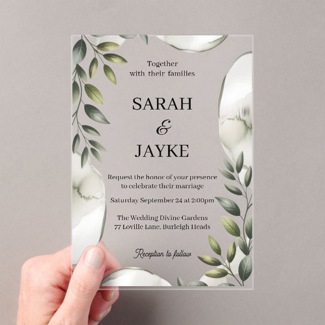 Simple Modern Minimal Green Leaf Wedding Acrylic  Acryleinladungen (Insitu (Handheld))