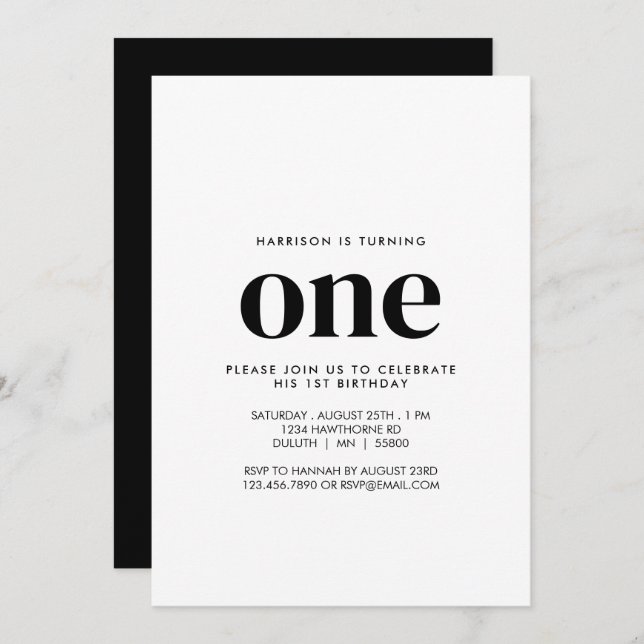 Simple Modern Minimalist One Year First Birthday Einladung (Vorne/Hinten)