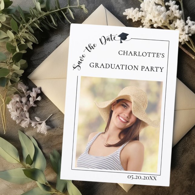 Simple modern photo Graduation party Save the Date (Von Creator hochgeladen)