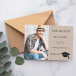 Simple modern photo mocha beige guy Graduation Save The Date<br><div class="desc">A photo Save the date card for a graduation. On front: Add your own vertical size photo of the graduate. A trendy mocha, beige colored background, black text. Templates for a name and date. The name is written with a modern hand lettered style script. With a cap, tassel topper. Back:...</div>