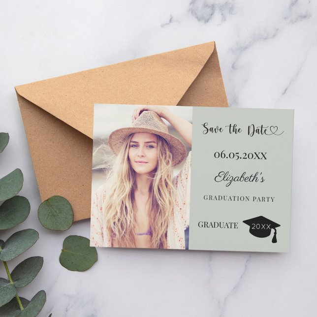 Simple modern photo sage green Graduation Save The Date (Von Creator hochgeladen)