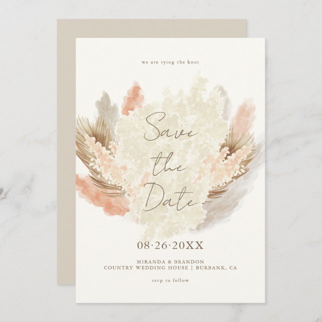 Simple Modern Rustic Pampas Grass Wedding Save The Date (Vorne/Hinten)