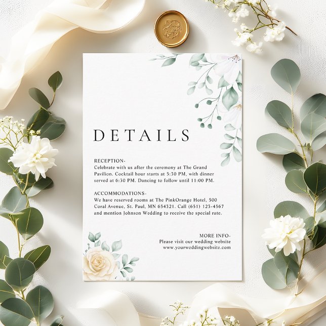 Simple Modern Watercolour Floral Wedding Details Begleitkarte (Von Creator hochgeladen)