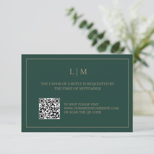 Simple Monogram Emerald QRCode Wedding RSVP Card Dankeskarte (Stehend Vorderseite)