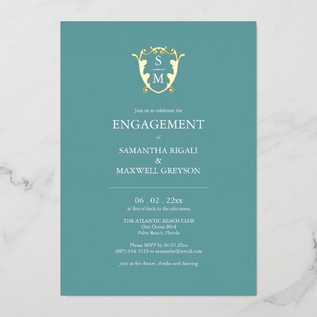 Simple Monogram Engagement Party Invitations Folieneinladung (Vorderseite)
