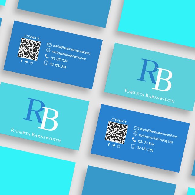 Simple Monogram QR Code Blue | Connect with Me Visitenkarte (Blue and turquoise monogram business card.)