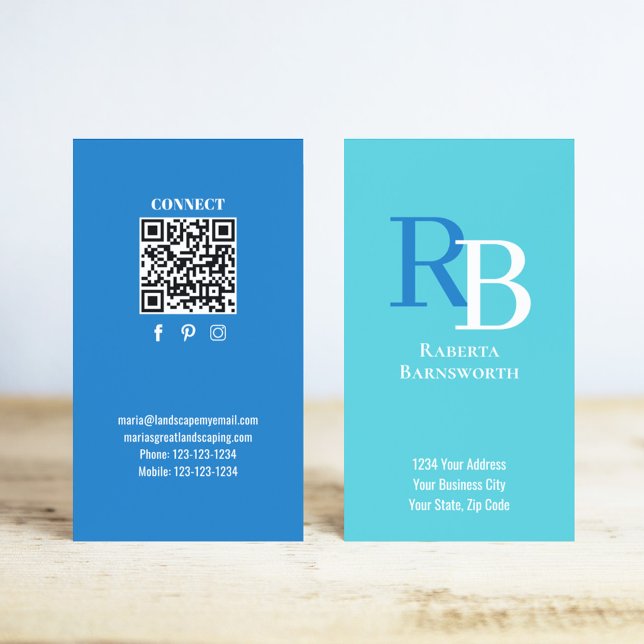 Simple Monogram QR Code Blue | Connect with Me Visitenkarte (Blue two tones monogram business card with a QR code.)