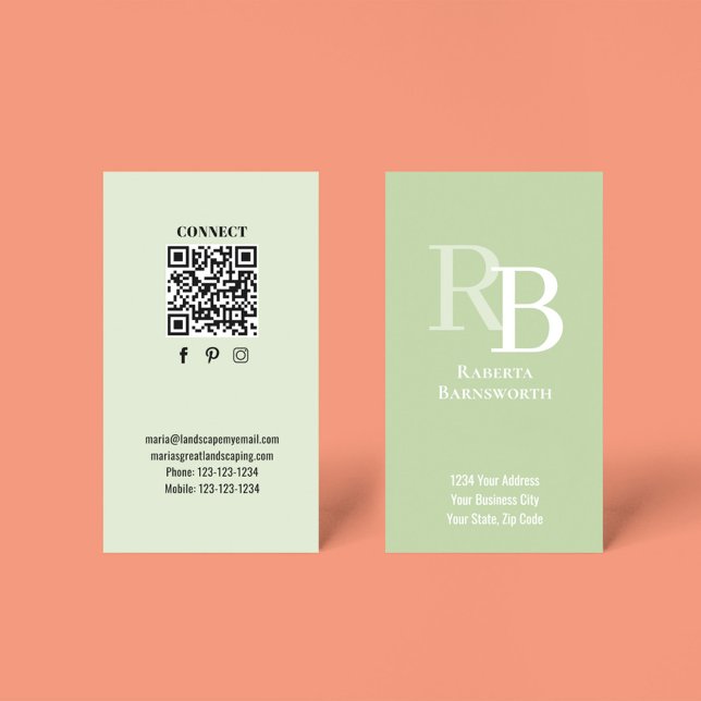 Simple Monogram QR Code Green | Connect with Me Visitenkarte (Green business cards with monogram and QR code template.)