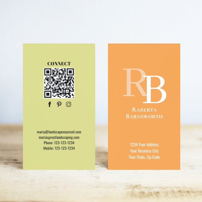 Simple Monogram QR Code Orange | Connect with Me Visitenkarte (Orange and yellow monogram business card.)