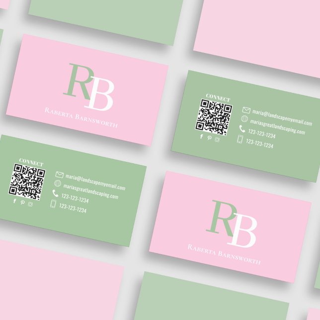 Simple Monogram QR Code Pink | Connect with Me Visitenkarte (Pink and green business card with simple monogram and QR code.)
