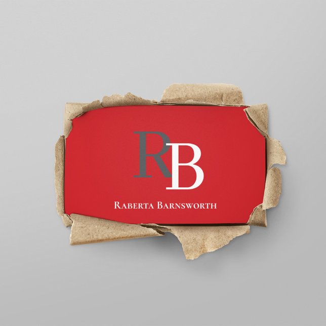 Simple Monogram QR Code Red | Connect with Me Visitenkarte (Red and grey business card with simple monogram.)