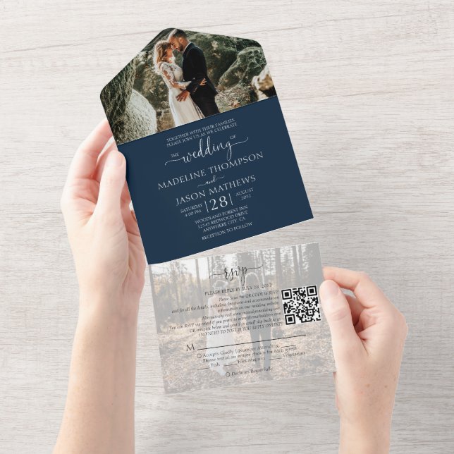 Simple Navy Blue 2 Foto QR Code UAWG Wedding All In One Einladung (Abreißen)