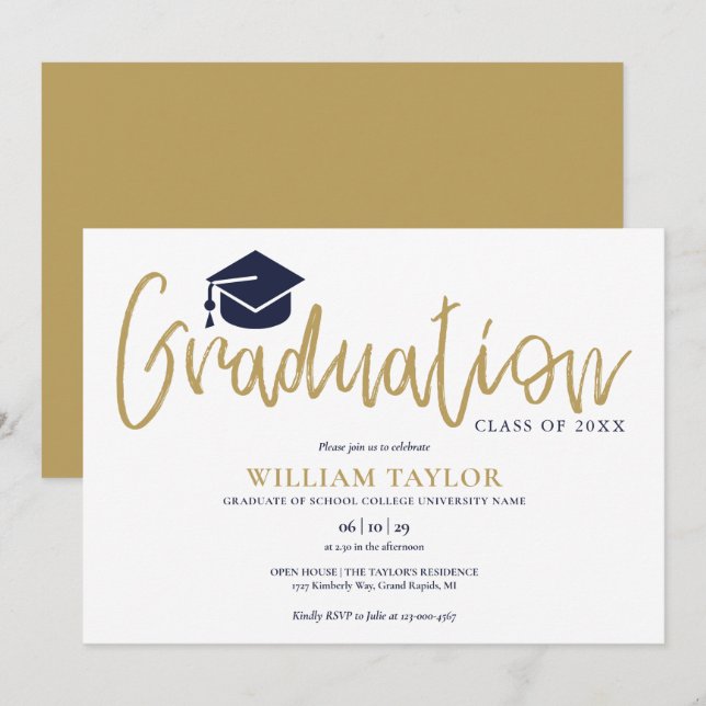Simple Navy Blue and Gold Script Graduation Party Einladung (Vorne/Hinten)