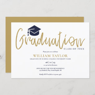 Simple Navy Blue and Gold Script Graduation Party Einladung