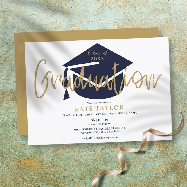 Simple Navy Blue and Gold Script Graduation Party Einladung (Von Creator hochgeladen)