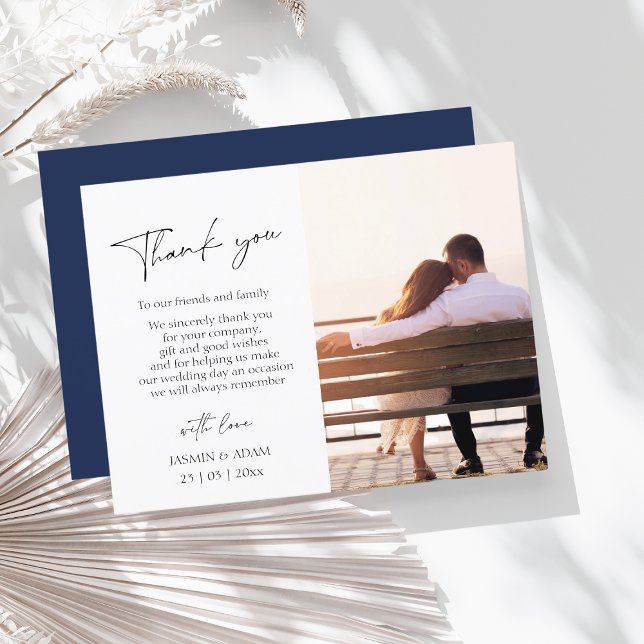 Simple Navy Blue Script Foto Hochzeit Vielen Dank Postkarte (Von Creator hochgeladen)