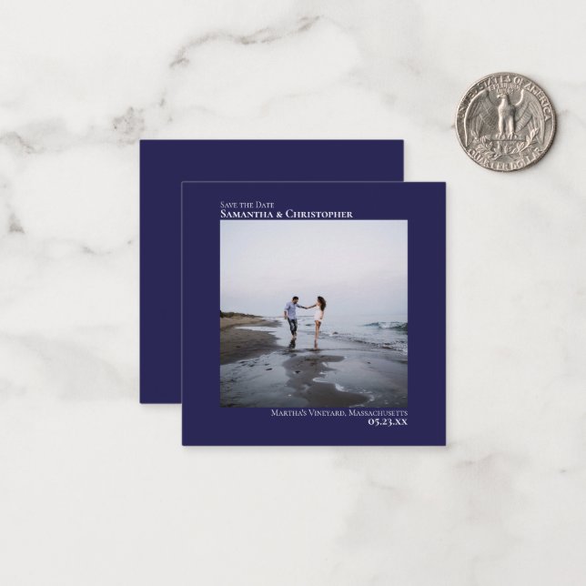 Simple Navy Blue Wedding Save the Date Foto Mini Mitteilungskarte (Vorderseite/Rückseite Beispiel)