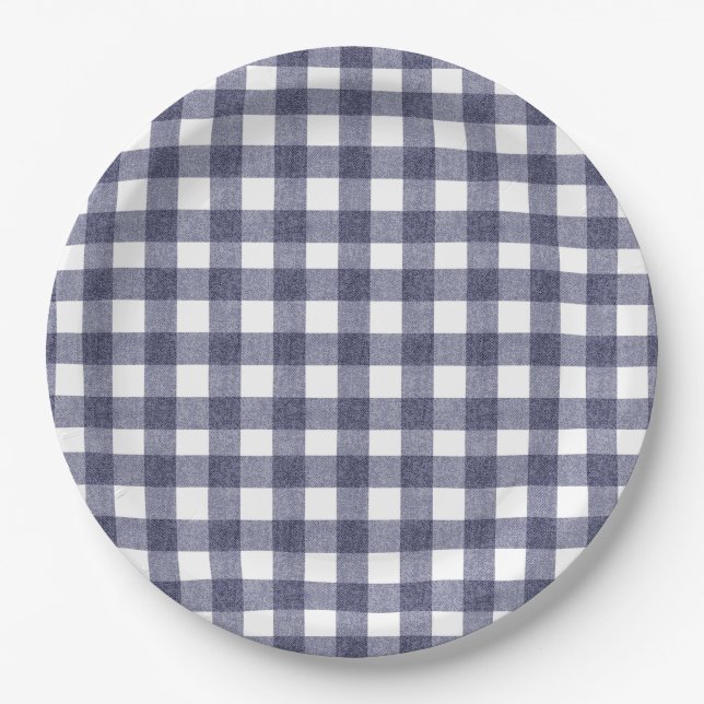 Simple navy gingham paper plates pappteller (Vorderseite)