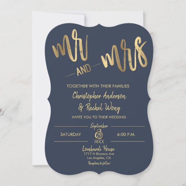 Simple Navy Gold Script Mr. and Mrs. Wedding Einladung (Vorderseite)