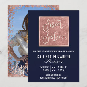 Simple Navy Rose Gold Glitzer Geo Foto Sweet 16 Einladung