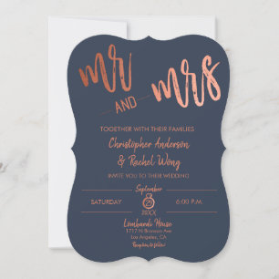 Simple Navy Rose Gold Script Mr. and Mrs. Wedding Einladung