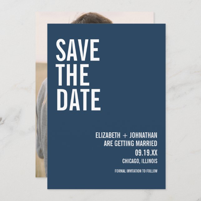 Simple Navy Typografy Wedding Foto Save The Date (Vorne/Hinten)