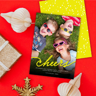 Simple Neon Yellow Cheers Calligraphy Script-Foto Feiertagskarte