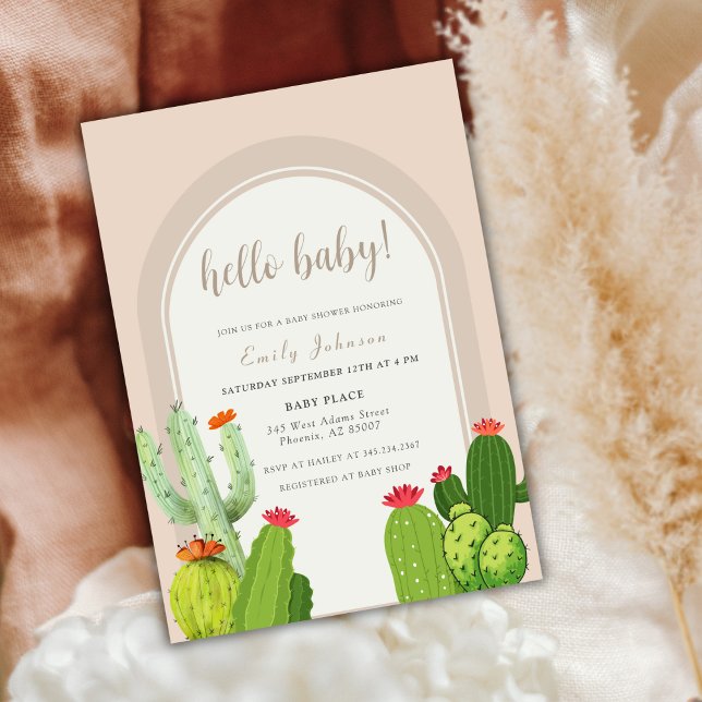 Simple Neutral Boho Cactus Arch Hello Baby Shower Einladung (Simple Neutral Boho Cactus Arch Hello Baby Shower Invitation)