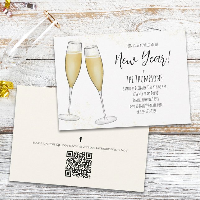 Simple New Years Party Champagne QR Code Events Einladung (Von Creator hochgeladen)