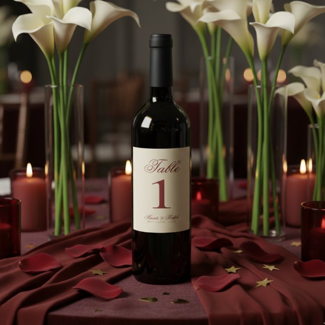 Simple Old Money Bold Red Wedding Table Numbers Weinetikett (Guide guests to their seats with sophistication using these Old Money Red Wedding Table Numbers!)